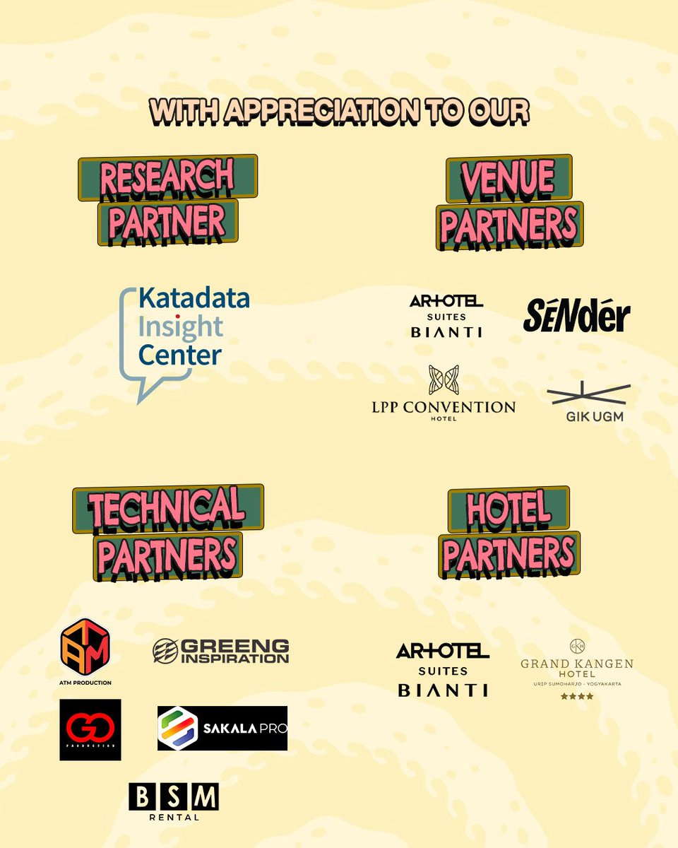 To our dedicated technical partners, research partners, hotel partners, and venue partners, thank you for your invaluable support throughout JAFF20.

Your expertise, precision, and collaboration were essential in bringing the festival to life.

#JAFF20 #JAFFJogja