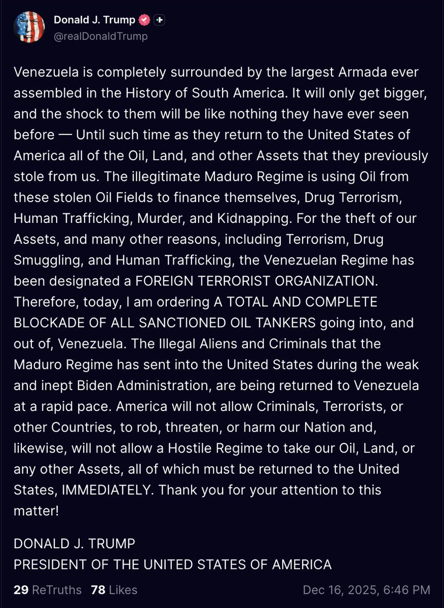 Fuera caretas.
La acusación de “narcotráfico” contra Venezuela hoy es lo mismo que las “armas de destrucción masiva” en Iraq hace 25 años.
Una mentira para robar petróleo.

Trump ordena un
“BLOQUEO TOTAL Y COMPLETO DE TODOS LOS PETROLEROS SANCIONADOS QUE ENTRAN Y SALEN DE