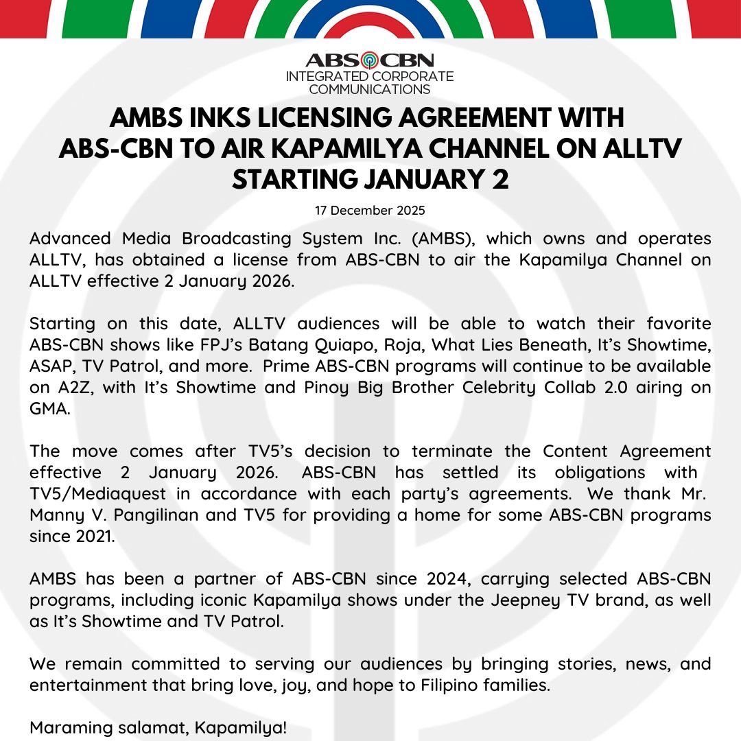 Starting January 2 2026, Kapamilya Channel will now air on AllTV Channel 2. This comes after AMBS inks licensing agreement with ABS-CBN. 

Thank you TV5 and good luck nalang talaga sa inyo 🤭✨