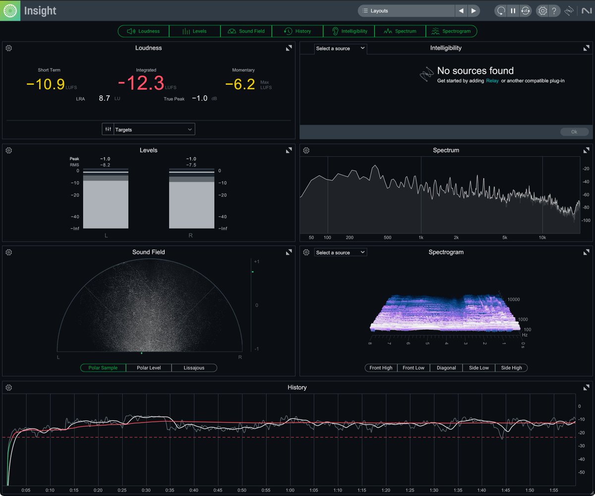 Naruki_Engineer's tweet image. よ〜し、僕もせっかくだから DTMer に役に立つかも知れない、情報を発信しちゃうぞ♫

iZotope が Insight 2 っていう有料のメータープラグインを無償で配布しているから、それの使い方を紹介するね♬

Loudness: Momentary, Short-term、Integrated の LUFS の測定値を表示、LRA は Loudness Range…
