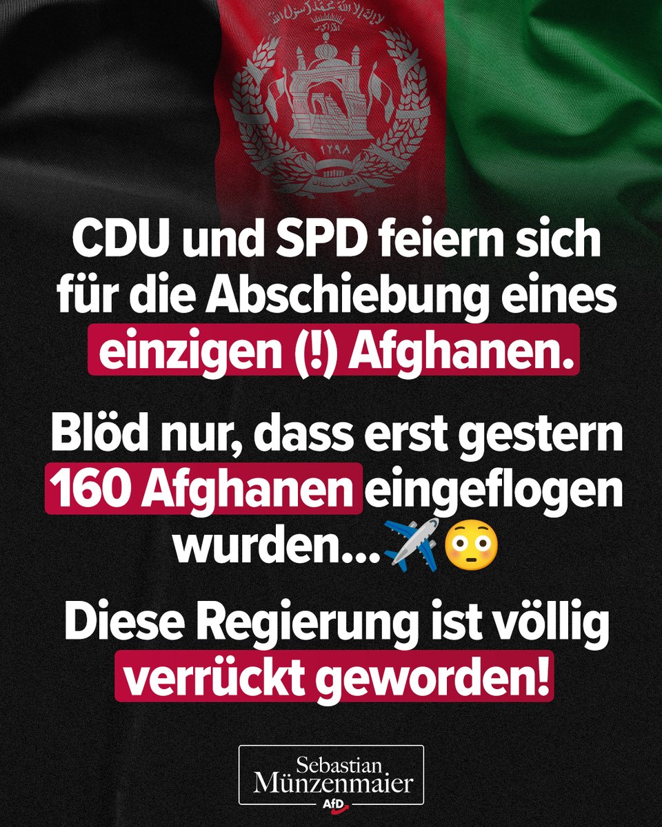 Migrationswende bei der CDU heißt: 
Ein Afghane raus, 160 Afghanen rein. 

Unfassbar! 🤦‍♂️

TM