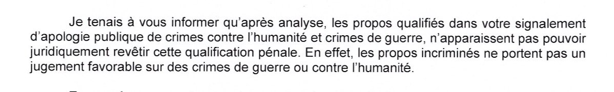 Il y a quelques mois, le parquet avait choisi de ne pas poursuivre le grand rabbin Haïm Korsia qui avait pourtant déclaré que Netanyhaou faisait un super boulot à Gaza, et qu’il fallait le terminer.
Pas d’apologie de crime de guerre ni de crime contre l’humanité, selon le