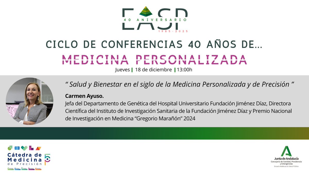 EASPsalud's tweet photo. MAÑANA 📢
Salud y Bienestar en el siglo de la Medicina Personalizada y de Precisión.
- Carmen Ayuso
🗓️ 18 dic 🕐 13:00 h
🖥️ Virtual en abierto
ℹ️ https://t.co/zvKkTqpz2F
#40EASP https://t.co/1Fydi3JbQ1