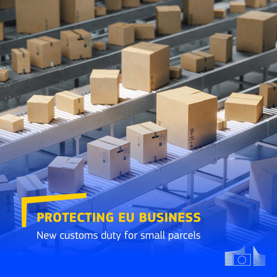 Paesi UE sostengono la proposta di <a href="/EU_Commission/">European Commission</a> per un dazio doganale di €3 sui piccoli pacchi dell'e-commerce di valore < €150 – per un ambiente digitale moderno &amp; un commercio internazionale fluido, proteggendo al contempo il mercato unico 🇪🇺↓
link.europa.eu/vFQB9Y