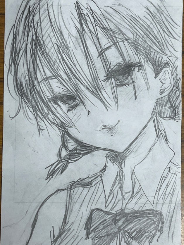 深夜落書きの加工前〜
会社のA3プリント裏を8等分したメモ用紙なのでA6?に描いてます〜 