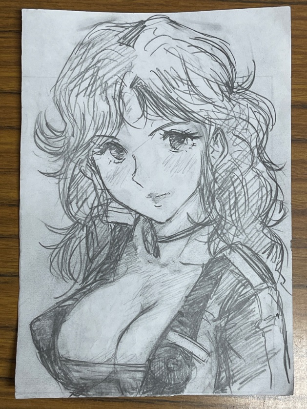 深夜落書きの加工前〜
会社のA3プリント裏を8等分したメモ用紙なのでA6?に描いてます〜 