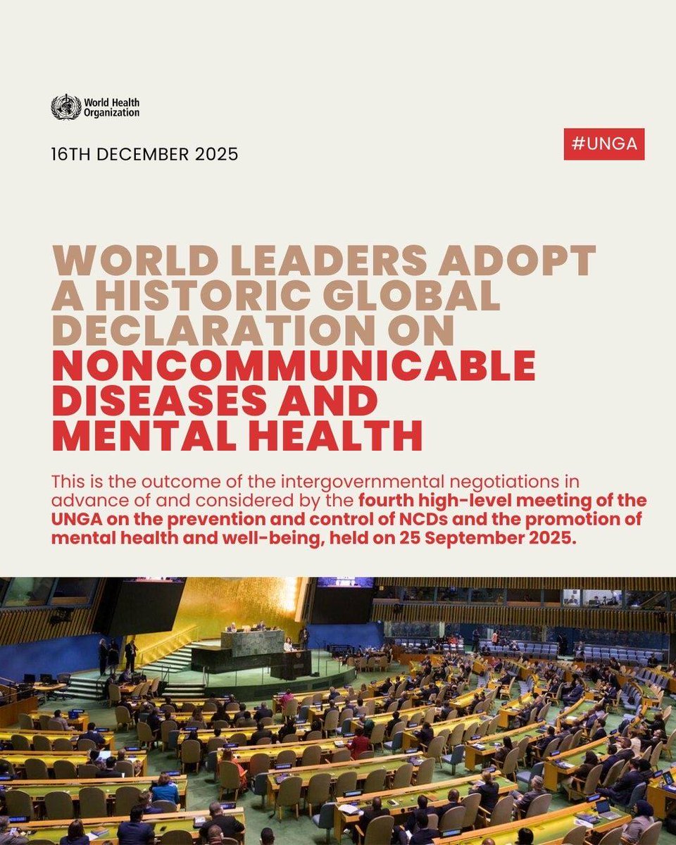 World leaders have taken a bold stand for health justice by adopting a historic global declaration on noncommunicable diseases and mental health. Learn how this declaration could reshape the future of global health. 💬🌍 #NCDs #MentalHealth 

Learn more: who.int/news/item/16-1…