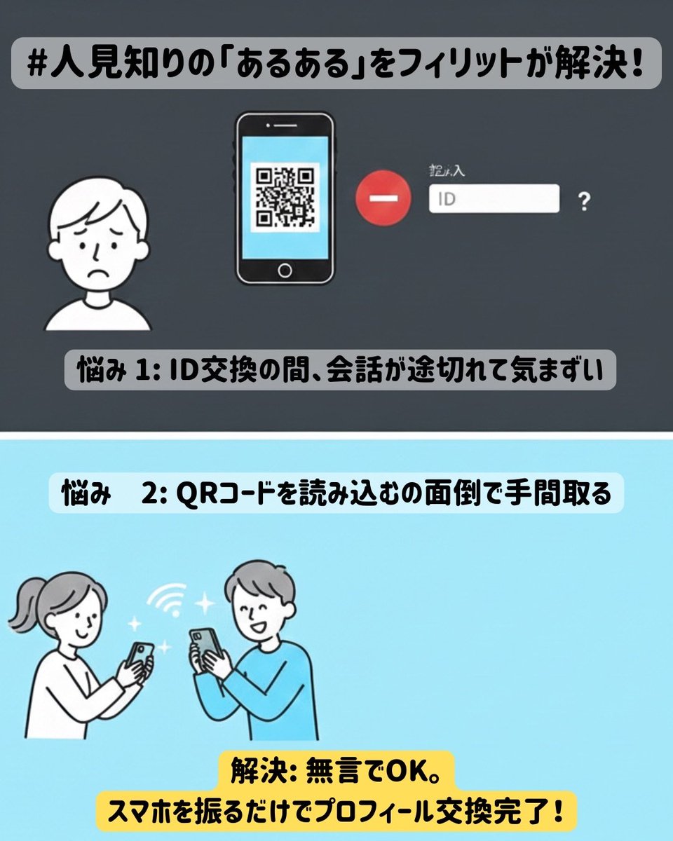Fillit_app's tweet photo. 【コミュ障に朗報📢】
初対面で「ID教えて？」って聞くの、もう頑張らなくて大丈夫です。

フィリットの新機能「#Fillitふるふる」を使えば、
スマホを振るだけでプロフ交換が完了。

✅ 会話・操作不要（無言でOK）
✅ 気まずい間、一切なし
✅ 交換できた後の安心感がヤバい

人見知りを卒業したい人、新学期に向けてDL推奨です😭

DLはこちらから

https://t.co/i6fiJiBnSG

#フィリット #コミュ障 #人見知り #初対面 #拡散希望 #学生の悩み