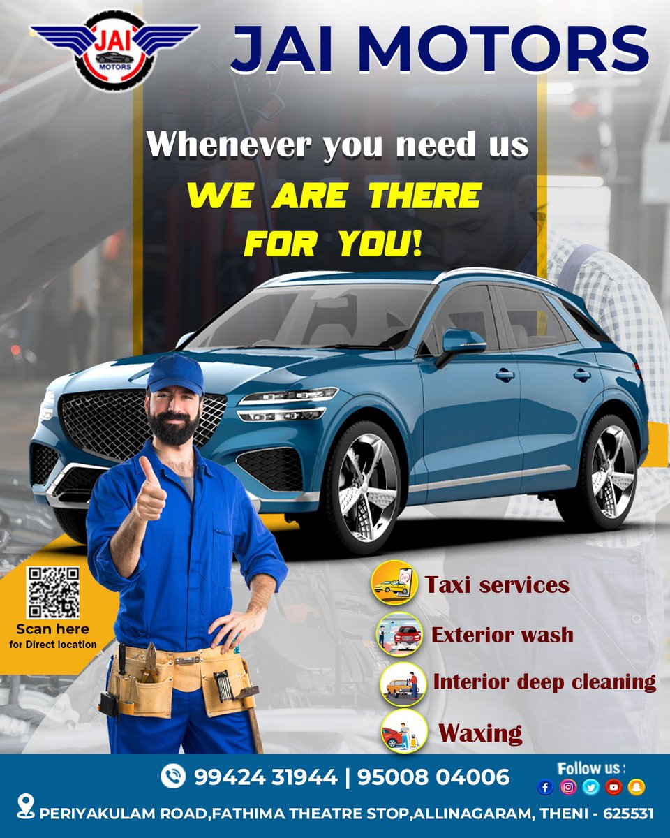 JaiMotors1's tweet image. Whenever you need us, we’re there for you 🚗🔧
From wash to waxing and reliable services — trust JAI MOTORS.
📞 99424 31944 | 95008 04006
📍 Allinagaram, Theni

#JaiMotors #CarService #TaxiService #CarWash #InteriorCleaning #Waxing #AutoCare #Theni #ReliableService