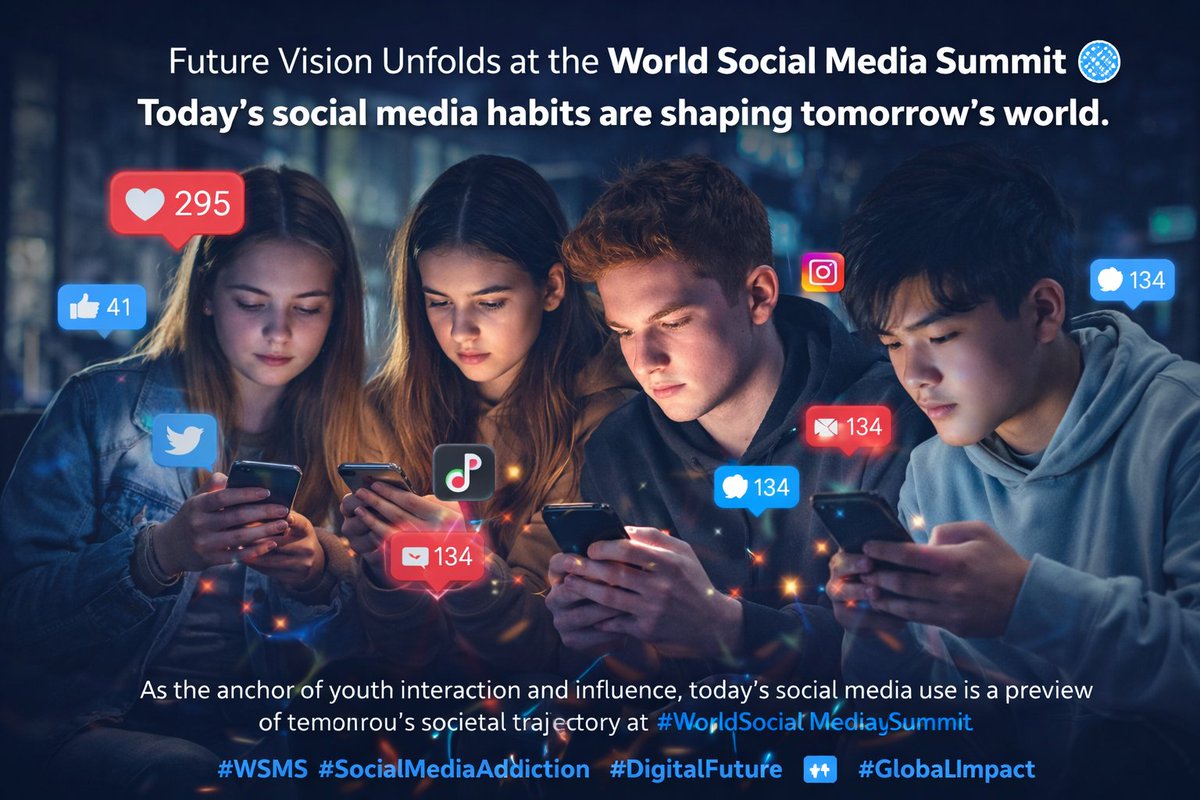 WSMSUMMIT's tweet photo. The future is being shaped right now.

Young generations live inside social media.
What seems like a habit today will define tomorrow’s society, economy and power.

🌍 World Social Media Summit

#WorldSocialMediaSummit #DigitalFuture #YouthAndTech #WSMS https://t.co/IjdNrTgm1n