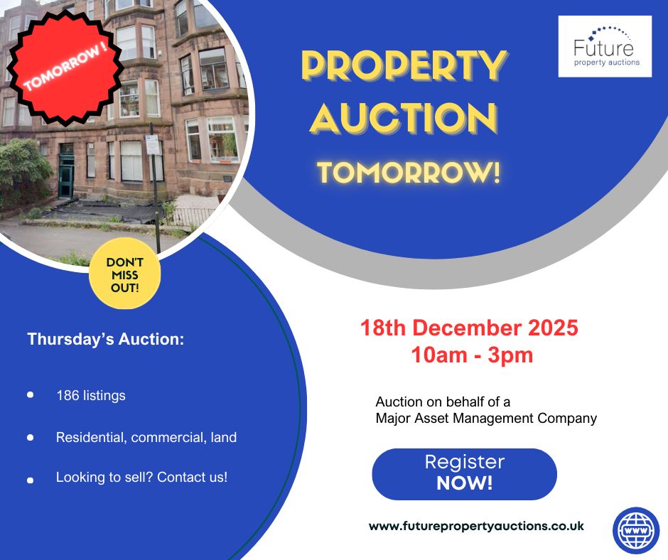 FuturePropAuc's tweet image. TOMORROW!

SPECIAL 190 LOT INVESTMENT AUCTION on behalf of a major asset management company. 

Thursday, 18th December 2025, 10am - 3pm. 
Register to bid now! 

Auction Properties: buff.ly/5eD1qXX 
Register now: buff.ly/lORAbKB