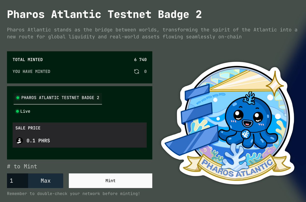🌊 Pharos Atlantic Testnet Badge 2 now live on
<a href="/grandline_world/">Grandline</a> 

Only for those who didn't receive points for their first Atlantic Badge

You can now mint and claim 500 points 🎯

Mint app.grandline.world/atlantic/mint/…