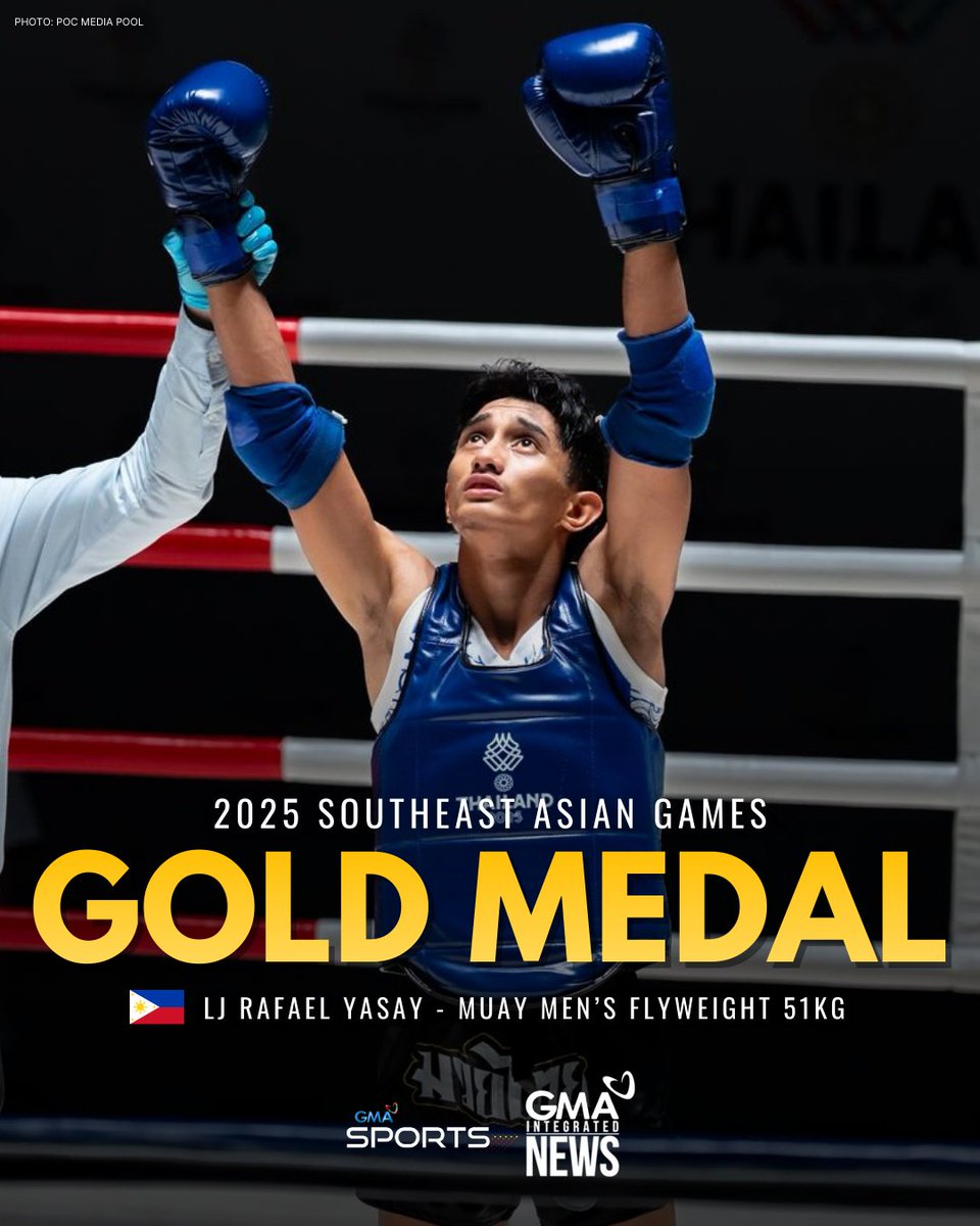 gmasportsph's tweet photo. GOLD CONQUERED 🇵🇭🏅

JUST IN: LJ Rafael Yasay knocks out Malaysian foe Insyad Rumijam in the second round to secure gold in the muay men's flyweight 51kg division at the 2025 Southeast Asian Games!

SEAG LIVE UPDATES: https://t.co/an4QEdsfYo

📸: POC Media Pool https://t.co/1ieskvdmt9