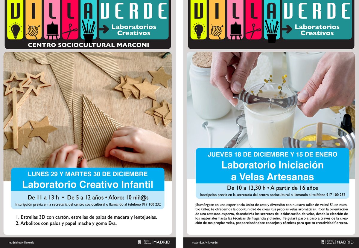 ✨ Esta Navidad, creatividad para todas las edades en el #CentroCulturalMarconi.
🎨 Taller infantil (5–12 años) y🕯️Taller de velas artesanas (+16 años).

Plazas limitadas. ¡Apúntate! 📞 917 100 232

+ info en nuestro blog: bit.ly/4iY0m7g