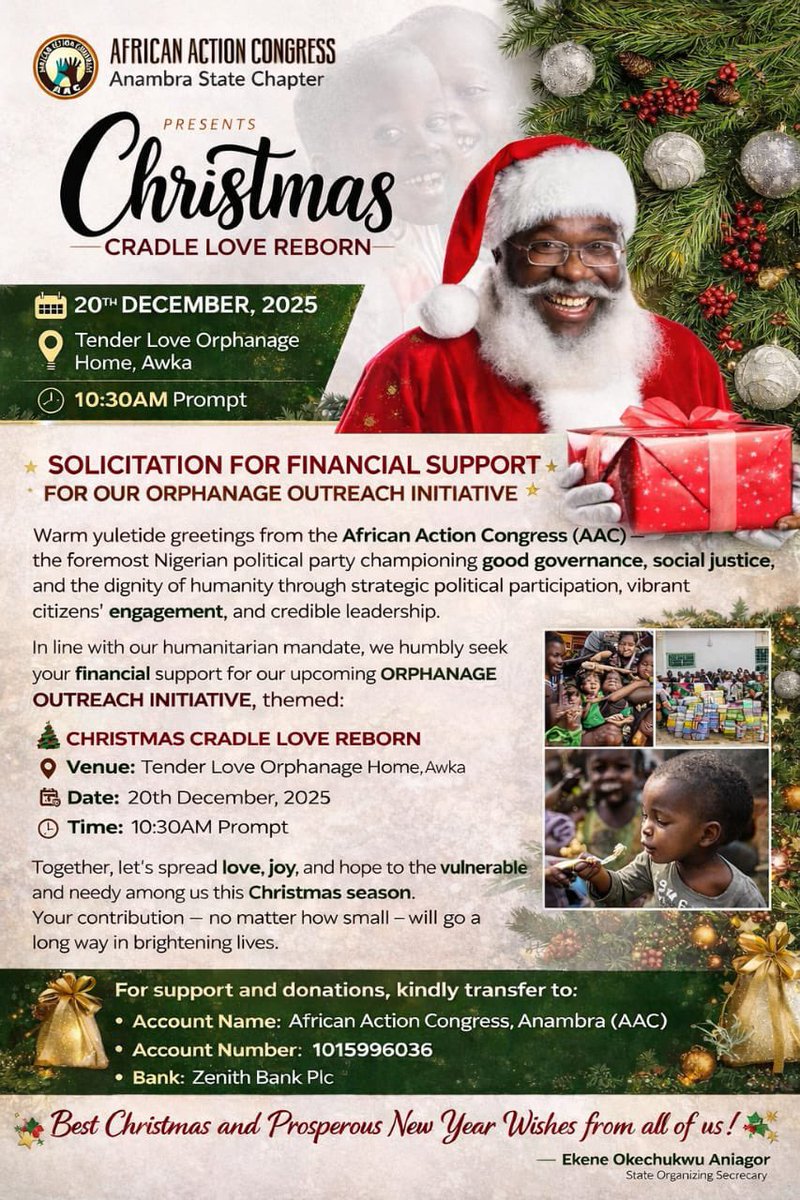 The African Action Congress (AAC) Anambra State chapter invites you to an orphanage home visit, happening in the 20th of December 2025, Awka Anambra state.