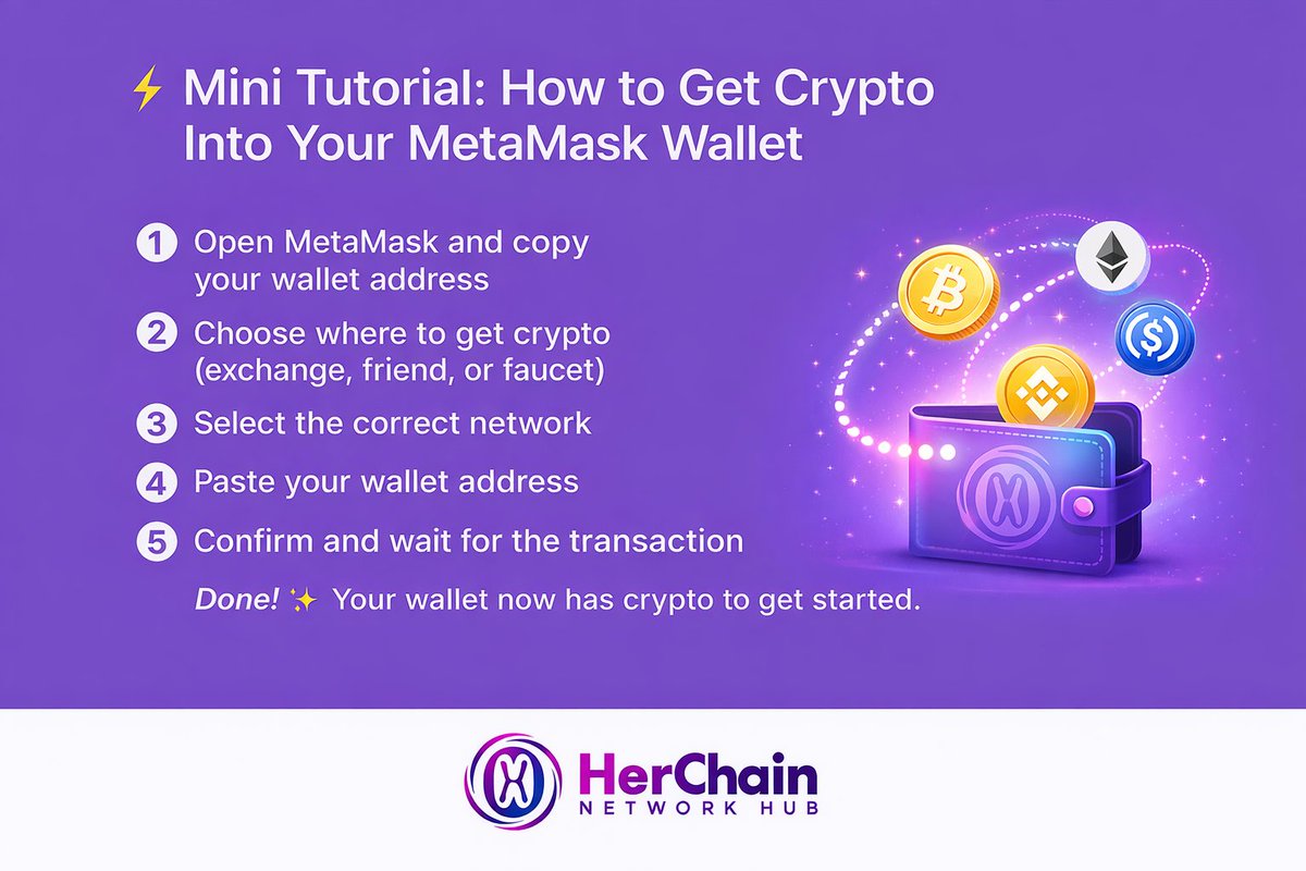 herchain's tweet photo. Getting started in Web3 begins with funding your wallet. ✨
This week’s Mini Tutorial shows how to get crypto into your @MetaMask wallet safely and confidently — no guesswork, just steps.
#HerChain #Web3Basics #CryptoEducation #minitutorial https://t.co/vg4A3hRgEu