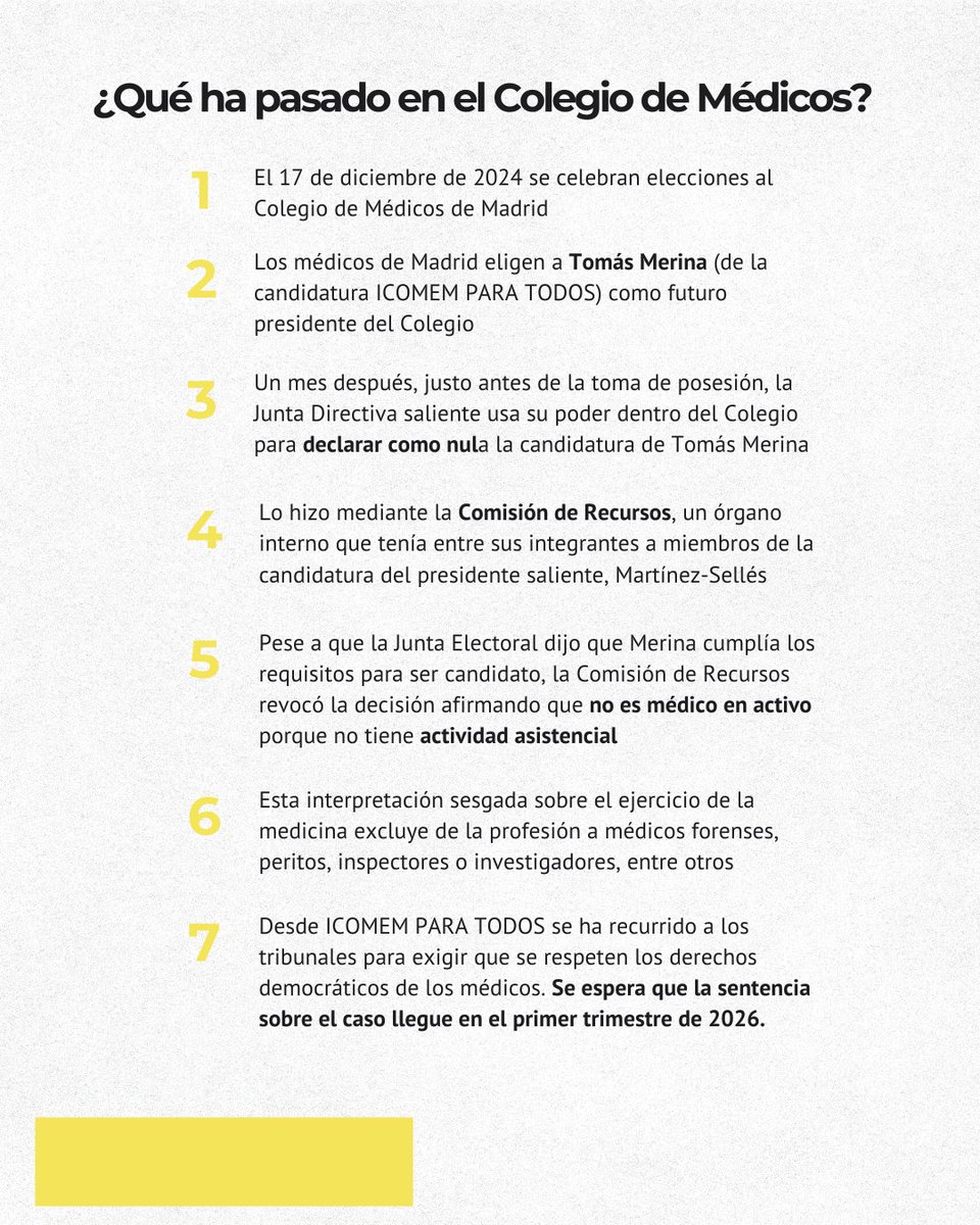 🗓️ Hoy se cumple un año de las elecciones al Colegio de Médicos de Madrid

📢 Ante el apagón informativo impuesto por el <a href="/Icomem_Oficial/">ICOMEM</a>, este jueves celebramos una asamblea abierta para informar sobre la situación del Colegio

🔗Apúntate aquí: forms.gle/CfCcBx3h89mHch…