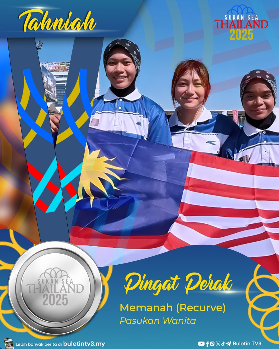BuletinTV3's tweet photo. SUKAN SEA 2025 | Pasukan recurve wanita negara meraih pingat perak di Sukan SEA Thailand selepas tewas 3-5 kepada Indonesia pada perlawanan akhir di Sports Authority of Thailand.
#BuletinTV3 #SukanSEA2025 #Thailand #Memanah https://t.co/ACSgCUNSTK
