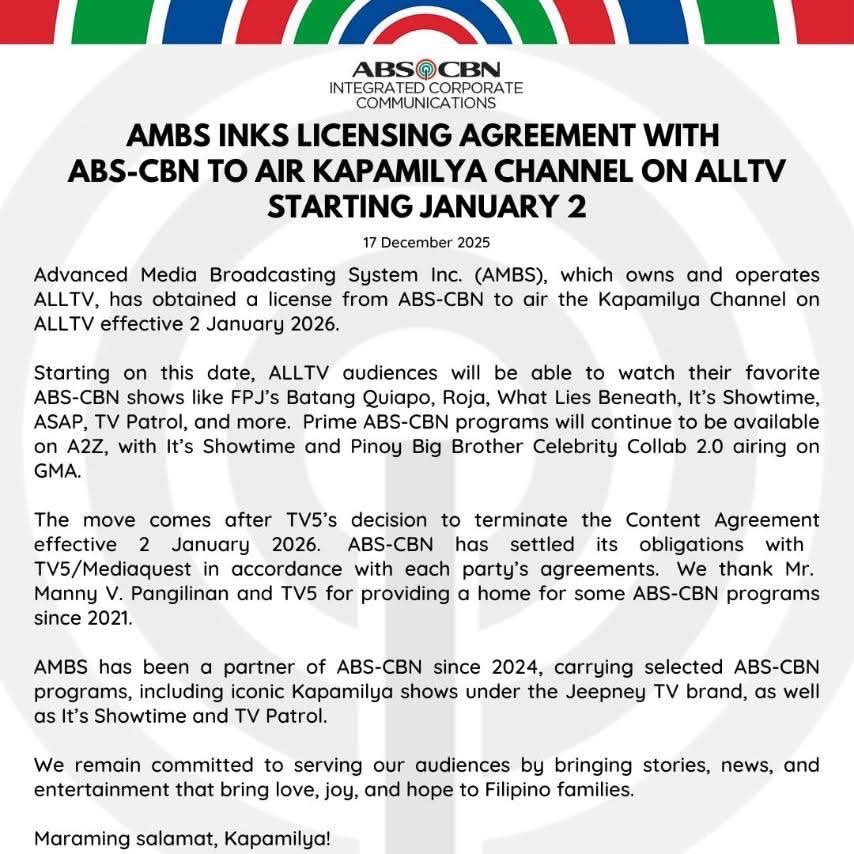 LOOK: ABS-CBN’s Kapamilya Channel, magbabalik na sa orihinal nitong tahanan sa Channel 2!

AMBS has obtained a license from ABS-CBN to air its cable channel. Kapamilya Channel on ALLTV effective this January 2, 2026.

Also on their statement, ABS-CBN has settled its obligations