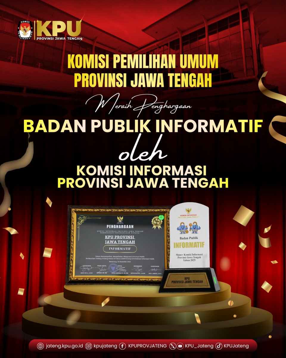 #TemanPemilih KPU Provinsi Jawa Tengah berhasil meraih penghargaan sebagai Badan Publik Informatif Tahun 2025 yang diberikan oleh Komisi Informasi Provinsi Jawa Tengah.

#KPUMelayani