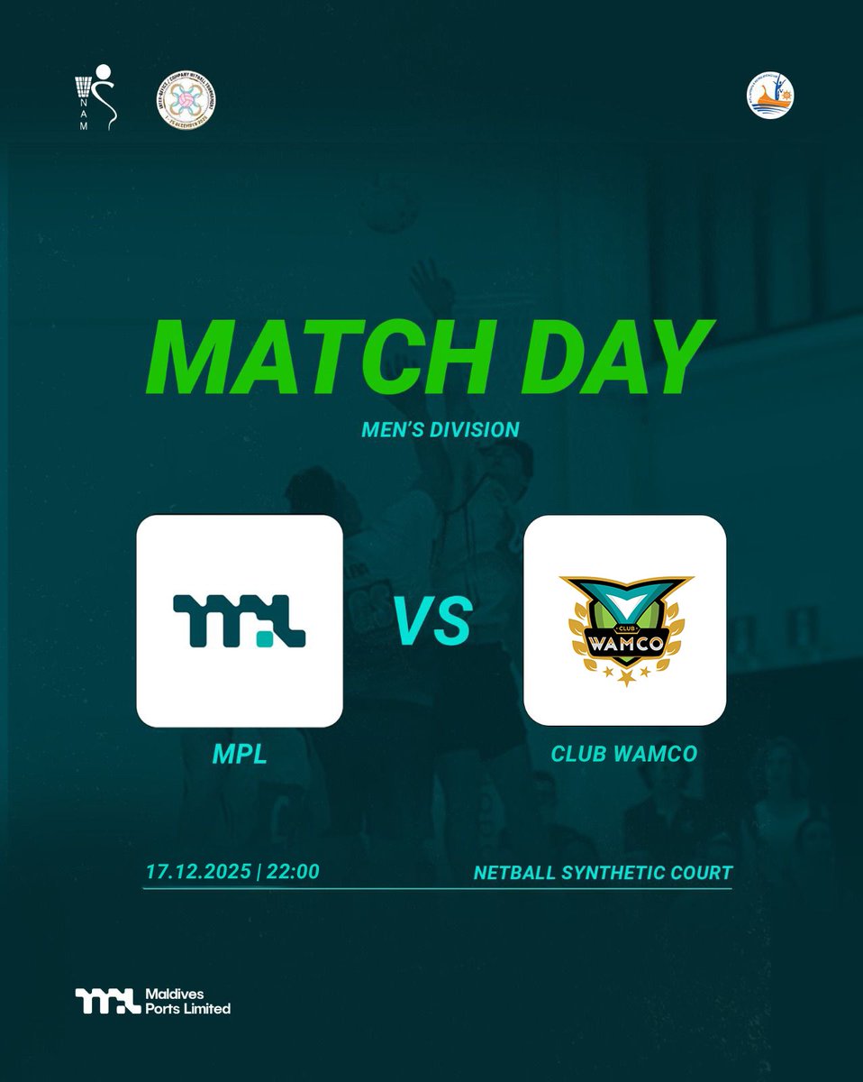 Portclubmv's tweet image. It’s Match Day! Team MPL takes on Club WAMCO tonight. Let’s bring the spirit, the energy, and the support! 🔥

Date: 17 December 2025
Time: 22:00
Netball Synthetic Court

#MPL #TeamMPL #PortClub