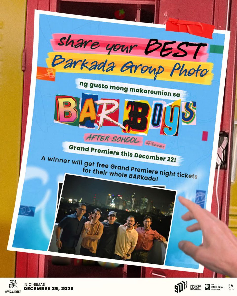 MAY BARkada KA BANG GUSTONG MAKA-REUNION? ✨

Para sa mga samahang pinatibay ng oras at kwento, panahon na para mag-reunion this holiday season!

Isang buong BARkada ang mabibigyan ng FREE tickets sa Grand Premiere ng Bar Boys: After School this December 22!

I-post lamang ang