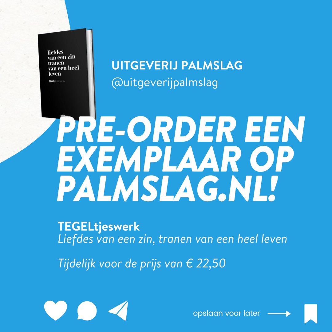 TEGELtjeswerk presenteert zijn bundel bij Palmslag! ‘Liefdes van een zin, tranen van een heel leven’ is vanaf nú te pre-orderen ✨🖤

👉🏻 De bundel is t/m 4 januari alleen in onze webshop te koop voor €22,50. Daarna geldt de prijs van €24,99

Bestel hier: palmslag.nl/boeken/liefdes…