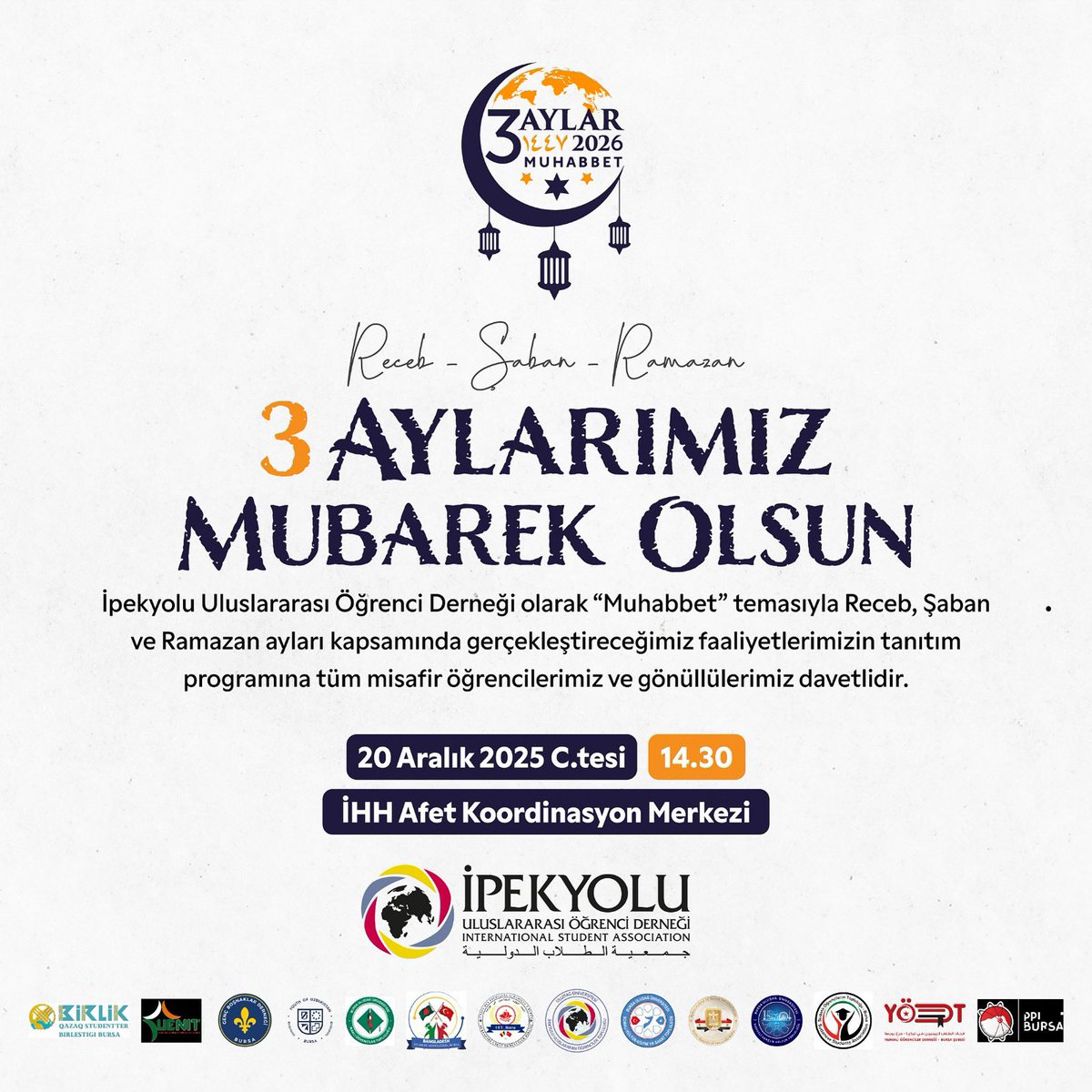 3 Ayların Manevi İklimine Dünyanın Öğrencisi ile Hoşgeldin Diyoruz! 

Recep, Şaban ve Ramazan Aylarına özel olarak MUHABBET temalı olarak planladığımız çalışmalarımızı paylaşacağımız ve programımıza tüm misafir öğrencilerimiz ve gönüllülerimizi davet ediyoruz.