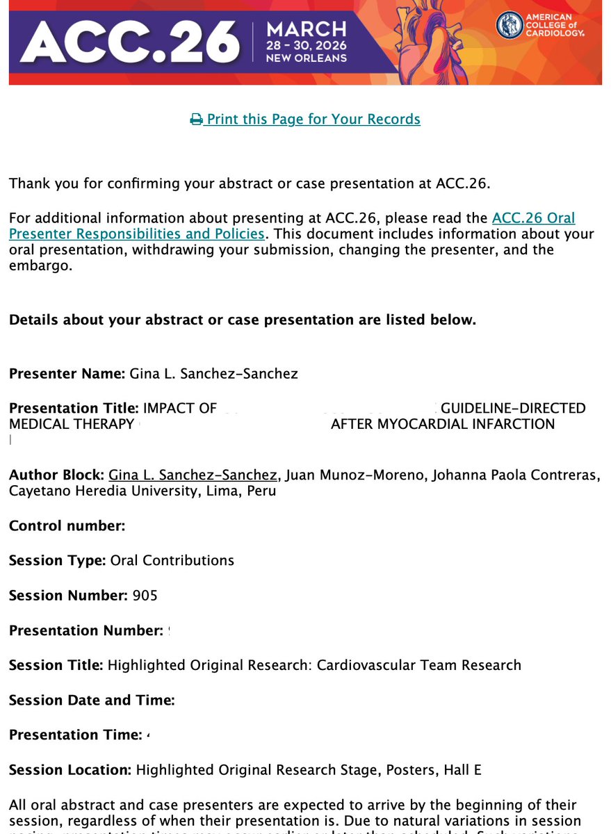 So excited to share that our 4⃣ abstracts have been accepted at #ACC26, including three as first author. The presentations include two moderated posters, one oral presentation, and one flat poster. Grateful for an outstanding team and mentorship from Dr. <a href="/Jcontreras75/">Johanna Contreras, MD, MSc, FACC, FAHA, FHFSA</a> <a href="/ACCinTouch/">American College of Cardiology</a>