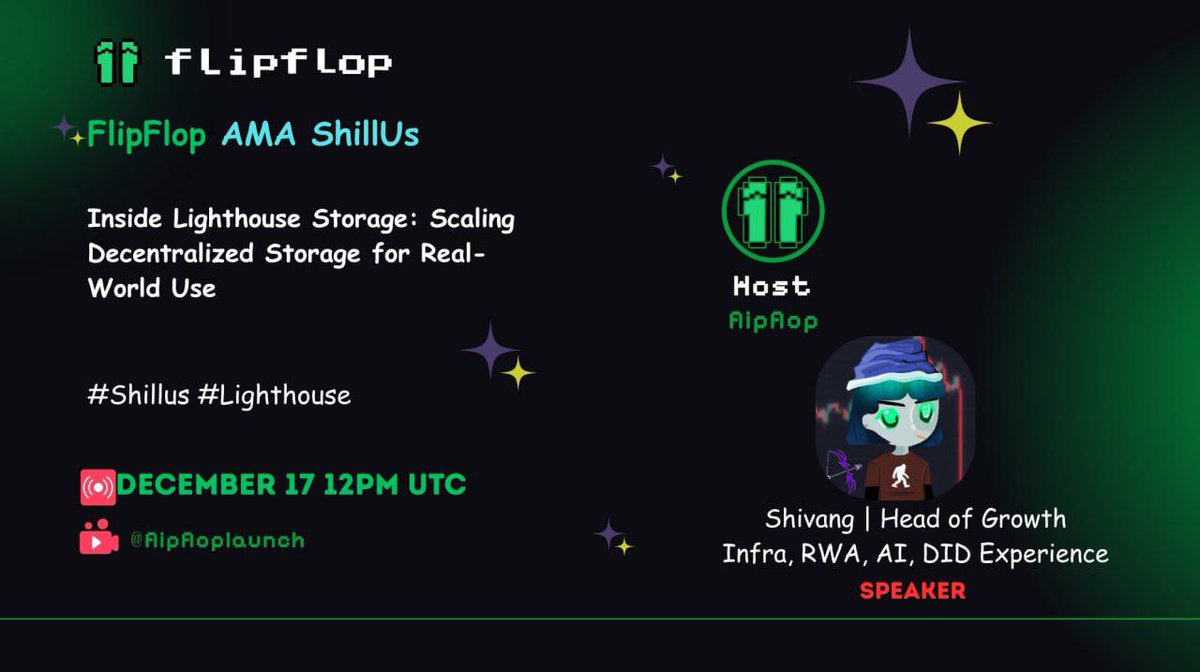 flipfloplaunch's tweet photo. 🟩 FlipFlop Shillus AMA is coming! 🟩 
FlipFlop meets @LighthouseWeb3 

🕒 Time & Date: 17 Dec at 12pm UTC 
📍 Where: X SPACE 
 🎯 Topic: Inside Lighthouse Storage: Scaling Decentralized Storage for Real-World Use
  🎤 Speaker: Shivang @ShivangKamboj12 |Head of Growth, Lighthouse Storage 4+ Years in Web3 | Infra, RWA, AI, DID Experience 
 ✅ Tune-in link: https://t.co/CVJ7dMJKKF 

#Web3 #Infra #Storage #DePIN #AMA #Shillus #Lighthouse
