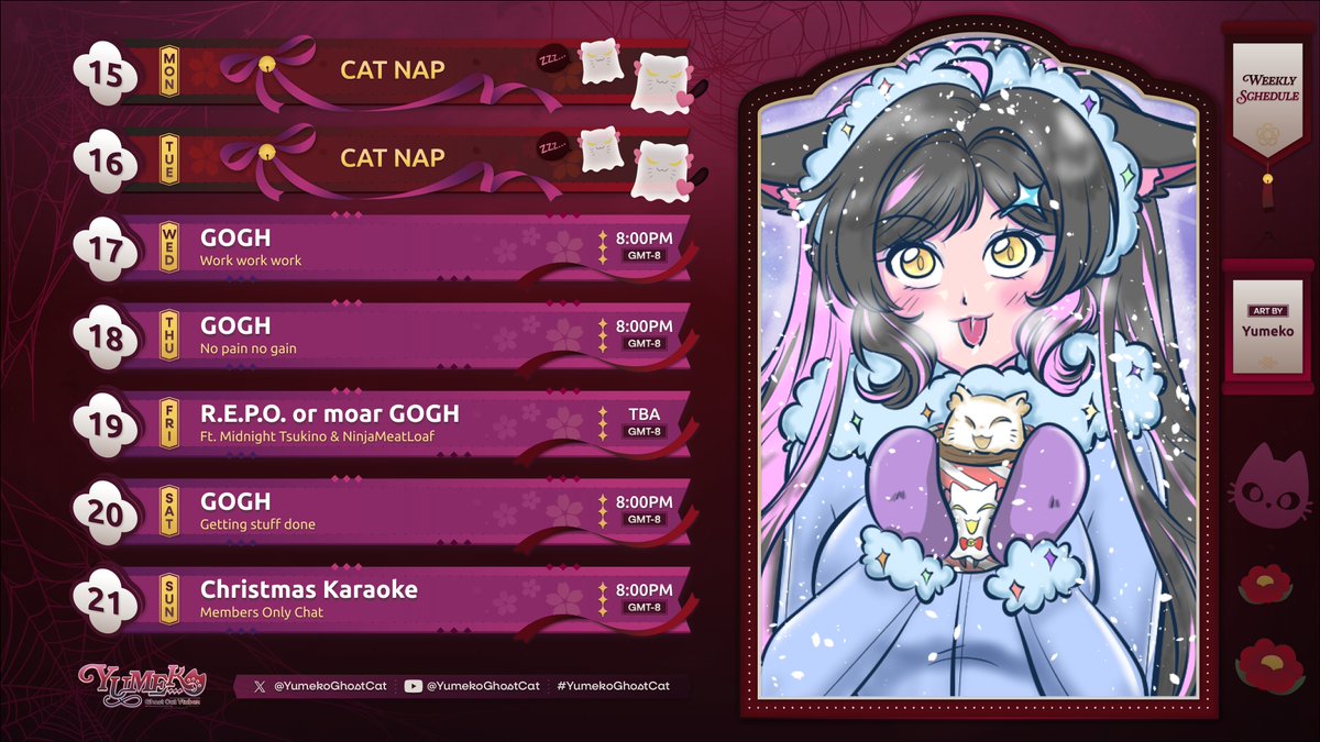 Mew Schedule for Dec 15 - 21 Nya!
Work Week!

👻🖤General: #YumekoGhostCat
👻🖤Art:  #Draw4Yumeko
👻🖤NSFW:  #GhostkittyNoods
👻🖤Live: #YumekoMeowLive
👻🖤Fans: #Specpurrs
👻🖤Meme/Clips: #YumeCantBeThisCute

#Vtuber #ENVtuber #VtuberEN