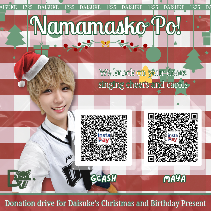 DaisukeversePH's tweet photo. Tao po! Namamasko!
We are counting days towards our Maknae's BEAR-y merry birthday! 🎄🎁

To Daiverse and FOHAs that could, we ask for your assistance and share the love with Daisuke this season!

Current funds: PHP 14,330.93
Target goal: PHP 50,000.00

Gift plans🎁 :
If we reach our goal, we'll be able to gift Daisuke with presents that would help his idol adventures! ✨ If we came a bit short, worry not, we'll still gift our Daidai with a heartfelt gift although smaller in comparison, the love and affection will be just the same! As big as the Universe as he deserves! 🧡

Please make sure to fill up our donation form for transparency and tracking:
https://t.co/0GXK3MDwwp

Transparency sheet:
https://t.co/73mjaSMyNO 

#DAISUKE #다이스케 
#AHOF #아홉