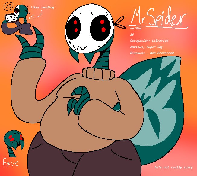 BEHOLD!! ANOTHER OC

Mr. Spider, he's always shy to say something to you, always thinks he's scary so he wears a friendly looking mask (it can change expressions and moods)