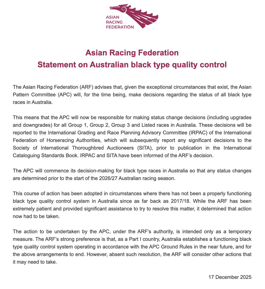 Racing Australia couldn’t fix its black-type pattern system, so the Asian Pattern Committee is stepping in to take over. Let’s see if all the NSW pop-up races make the cut to stay as black-type on the Racing Australia website…