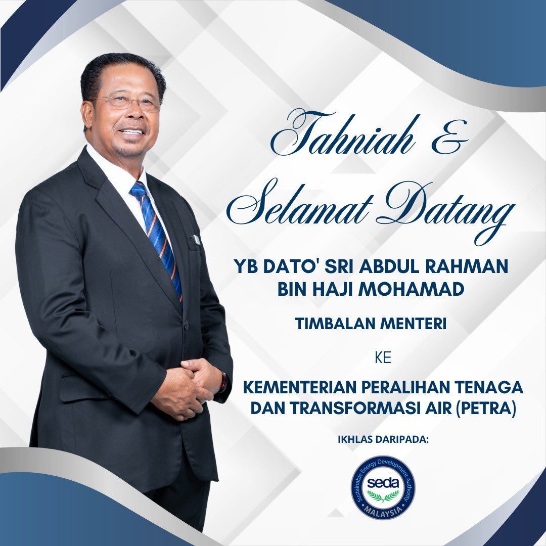 Anggota Pihak Berkuasa, Pihak Pengurusan dan Kakitangan SEDA Malaysia mengucapkan setinggi-tinggi tahniah kepada YB Dato’ Sri Abdul Rahman bin Haji Mohamad atas pelantikan sebagai Timbalan Menteri di Kementerian Peralihan Tenaga dan Transformasi Air (PETRA).

Seluruh warga SEDA