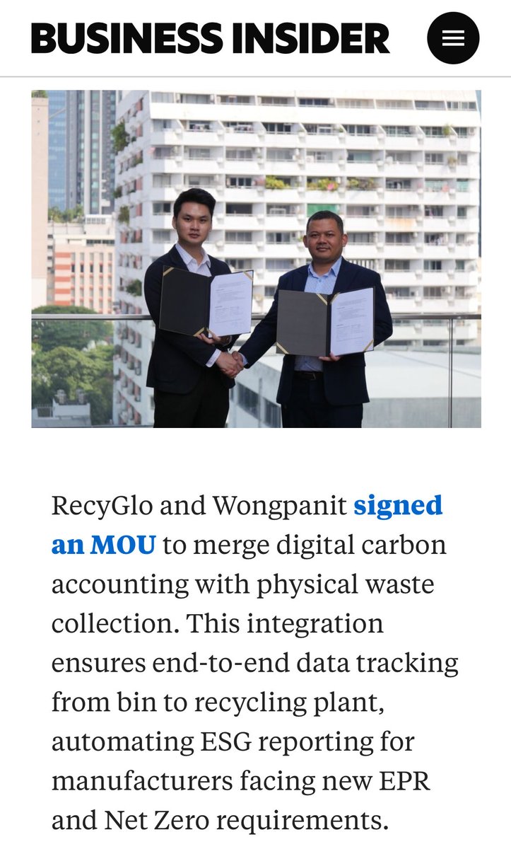Thailand’s largest recycling network + national MRV + digital carbon credits.

Our RecyGlo x Wongpanit collaboration was covered by Business Insider.

Real operations → verifiable climate assets. #ClimateTech 
🔗 markets.businessinsider.com/news/stocks/re…