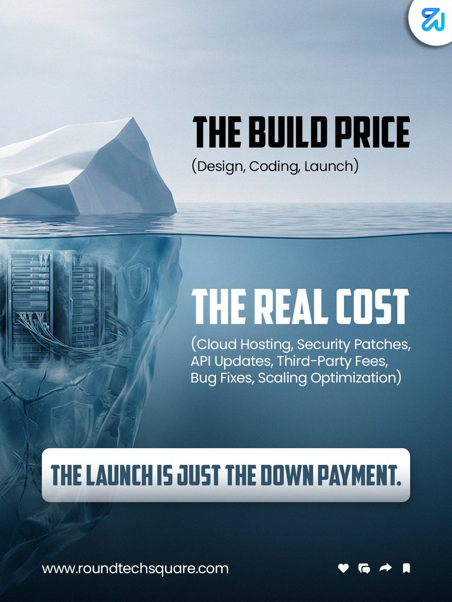 RoundTechSquare's tweet photo. Software Rule #1: The Launch is just the down payment.

If you have $50k to build an app, you really have $30k to build it... and $20k to keep it alive for the first year.

Don't spend your whole budget on the tip of the iceberg. 🧊

#SaaS #Startup #TechStrategy #RoundTechSquare https://t.co/E4LkENX9aA