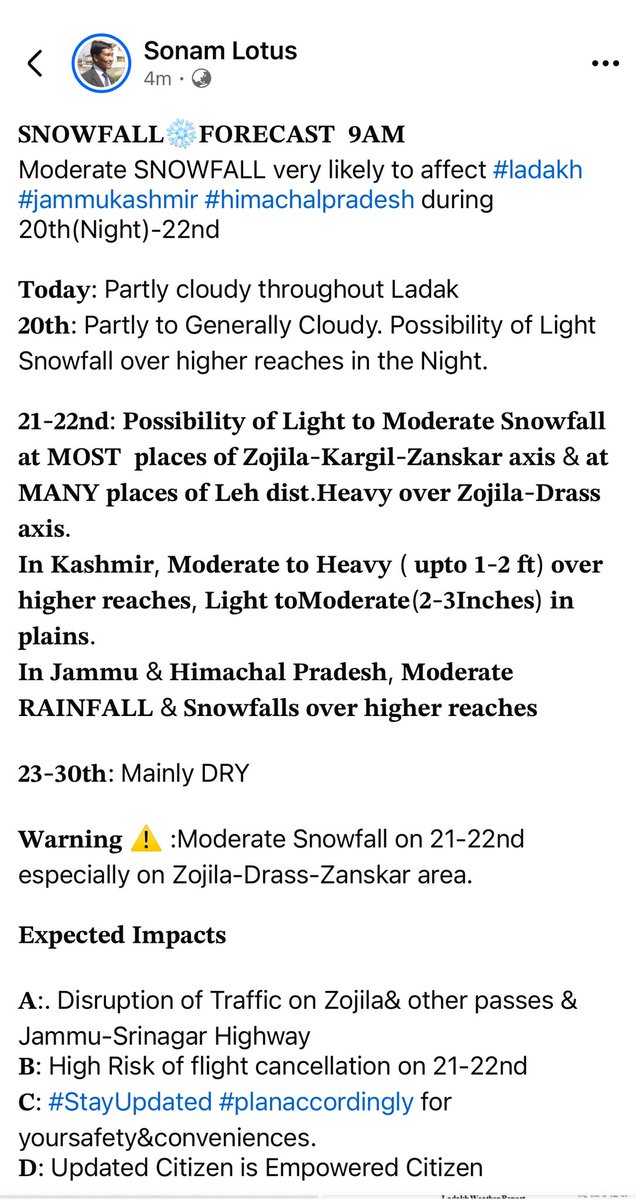 lotusladakh's tweet photo. #WesternDisturbance to WELCOME #𝐂𝐡𝐢𝐥𝐚𝐢𝐊𝐚𝐥𝐚𝐧 With NOWFALL  during (21-22nd )
𝐄𝐗𝐏𝐄𝐂𝐓𝐄𝐃 𝐈𝐌𝐏𝐀𝐂𝐓
Disruption of traffic on Zojila, Shinkula, Changla, Khardongla,Razdan Top etc. &amp; FLIGHT ✈️ on 21-22nd
#StayUpdated #PlanAccordingly for your safety &amp; Conveniences https://t.co/rcaZg0LmOX