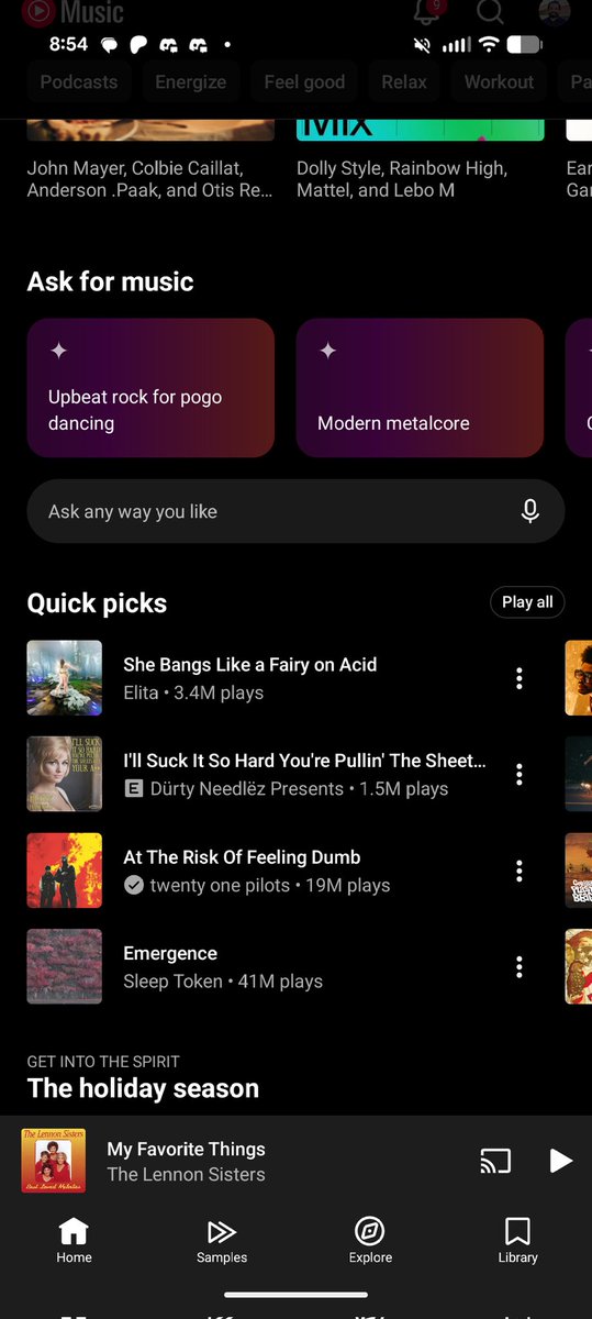 kikin81's tweet photo. @youtubemusic can you explain how these songs came up on Quick Picks? Super upsetting to see while looking for Christmas music for the family. Take off all this AI slop https://t.co/j9tdMEaSm6