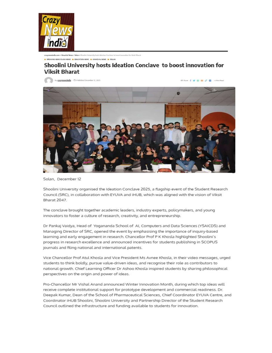 ihubshoolini's tweet photo. iHUB Shoolini, EYUVA Centre and Student Research Council (SRC),  organized a Ideation Conclave 2025, at Shoolini University, aligned with the vision of Viksit Bharat 2047 on 4th December 2025. The conclave brought together academic leaders, industry experts &amp; policymakers. https://t.co/CRYKQ1xkGF