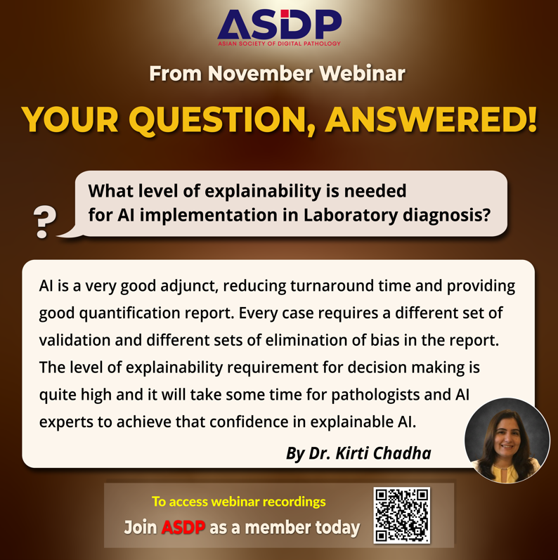 asdp_ai's tweet image. 💬 Your Questions, Answered!

Highlights from the ASDP Webinar Series (Nov 2025):

🔍 AI in diagnostics needs high explainability &amp;amp; validation — Dr. Kirti Chadha

🤖 ASDP’s REG2025 is enabling large-scale LLM training in Asia — Dr. Ujjwal Baid

#ASDP #DigitalPathology #AI