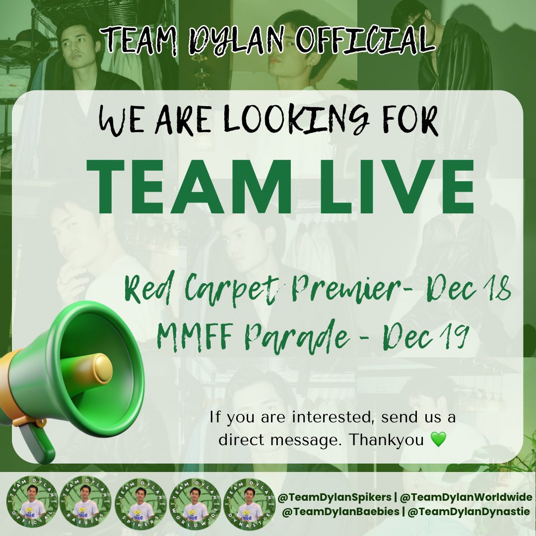 DyWorldwideOFC's tweet photo. Calling all Team Dylan 💚
We want YOU to be part of our Team Live for Dylan’s upcoming events:
📅 Dec 18 - Red Carpet Premiere
📅 Dec 19 - MMFF Parade

Let’s show our full support and make these days unforgettable! ❤️

Interested? Slide into our DMs to join! 📩 https://t.co/ojjMD1puwB