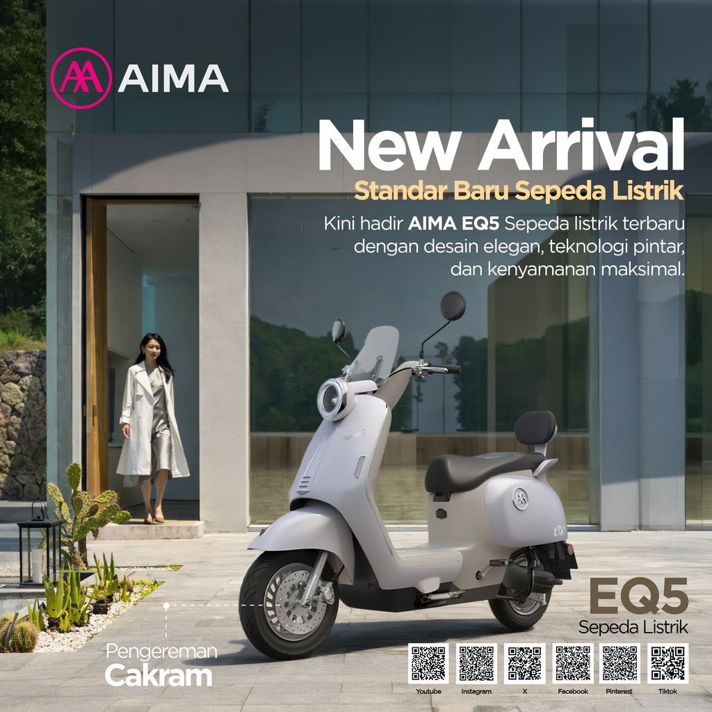 aimaindone's tweet photo. AIMA EQ5 hadir sebagai standar baru sepeda listrik desain elegan, teknologi pintar, dan kenyamanan maksimal buat aktivitas harian. Dipakai ke kantor, hangout, atau jalan santai, semuanya tetap terasa smooth dan stylish.
#aima #aimaindonesia #kendaraanlistrik #sepedalistrik https://t.co/0MHaMwAqNI