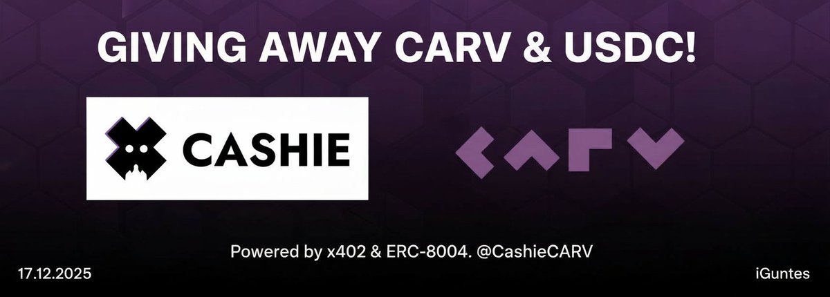 🎉 Giving away 11 CARV to 1 winners!
⏰ Ends in 1w

Join now 👇
1️⃣ RT this post
2️⃣ Follow me
3️⃣ Bind X account to your wallet via carv.io/cashie/partici…

Powered by x402 &amp; ERC-8004. <a href="/CashieCARV/">Cashie by CARV</a>

Payment Proof: b965f02c8c53eab4ac

#Cashie #CARV #x402