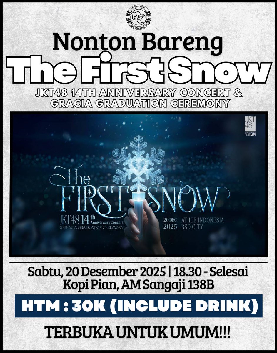 Tidak terasa kita sudah di penghujung tahun, yang artiny SAMARINDA REPUBLIC IDOL NGADAIN NOBAR ANNIVERSARY JKT48 &amp; GRACIA GRADUATION CEREMONY🗣️🗣️🗣️. Kita bertemu ditanggal 20 Desember di Kopi Pian Jalan AM Sangaji ya!!! Sampai bertemuu😻