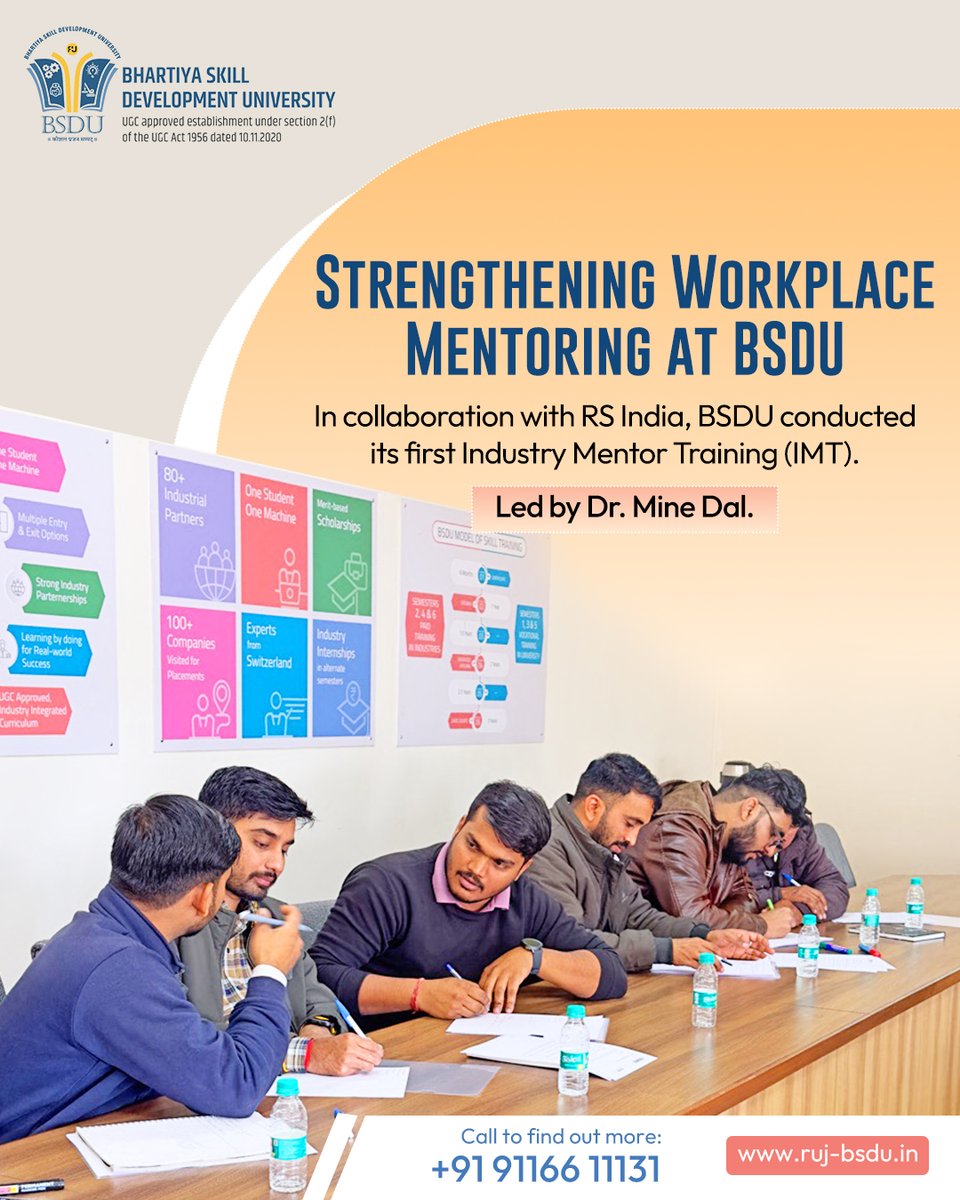 BSDU successfully conducted its first Industry Mentor Training (IMT) in collaboration with RS India, engaging industry mentors in a structured training programme.

Led by Dr. Mine Dal, Head of the Centre for Teaching and Learning
#BSDUJaipur #BVoc #BSDUSkills #nextGeneration