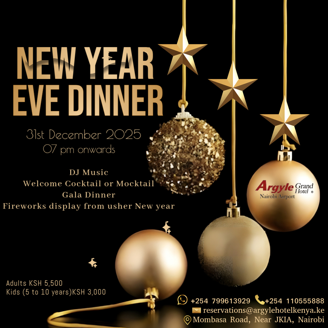 ✨ Ring in the New Year with elegance and celebration at Argyle Grand Hotel, Nairobi Airport ✨

🍽️ Gala Dinner | 🎶 DJ Music | 🍸 Welcome Cocktail | 🎆 Midnight Fireworks
📅 31st December | From 7:00 PM
Celebrate the final night of the year in grand style. <a href="/argylegrand/">Argyle Grand Hotel Kenya</a> #Firework