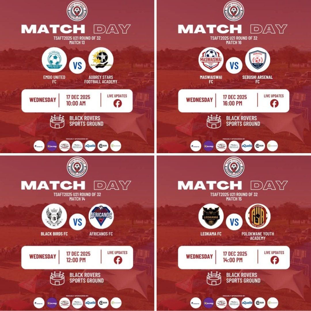 TeamTSSD's tweet image. TSAFT2025 DAY 3 | U21 ROUND OF 32

We continue the excitement with the U21 Division, as Group A teams kick off their Round of 32 matchday fixtures.

Here are today's fixtures

🎟️ Entrance is FREE 

#Aquelle #Hollywoodbets