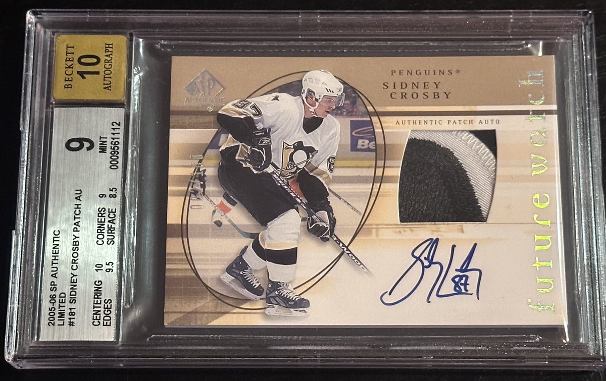 danvincent78's tweet image. And…the final card in the Holiday Hockey Stack Sale…

Sidney Crosby 05-06 SP Authentic Future Watch Auto Patch rc /100 BGS 9 with a 10 auto.  $8700
