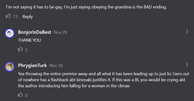 saphmins's tweet photo. @BatmanSommelier believe me, i've seen so many people still support a harem ending or saying gerosaki can't happen because "he has to marry a girl" from comments on the Latest chapters it's so concerning... ship aside, it makes zero sense https://t.co/dIrOsDuAde